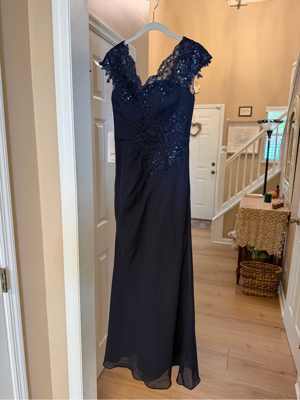 Navy Lace Appliqué Sequin Gown/ Dress - Women Dresses, 2